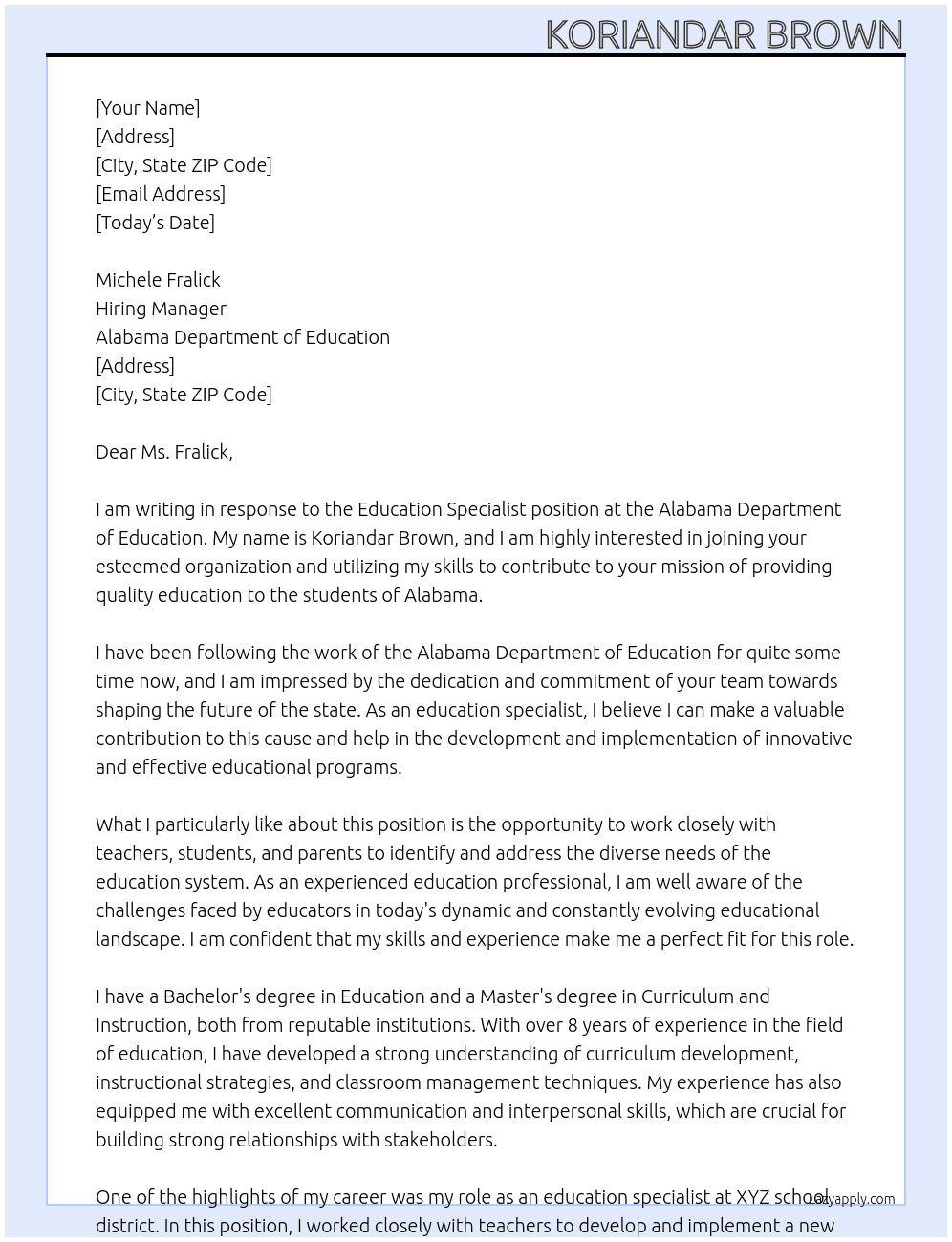 Education Specialist At Alabama Department of Education  Cover Letter