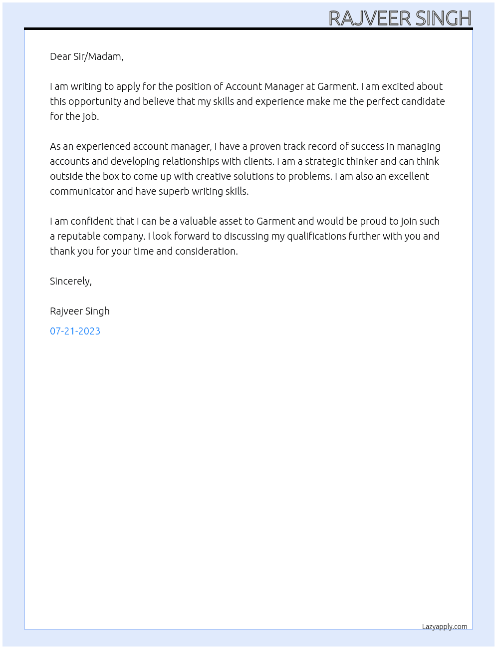 Account Manger At Garment  Cover Letter