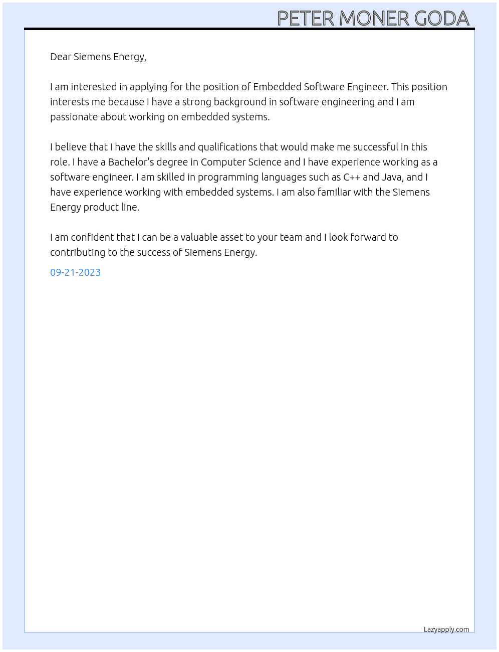 Embedded Software Engineer  At Siemens Energy Cover Letter