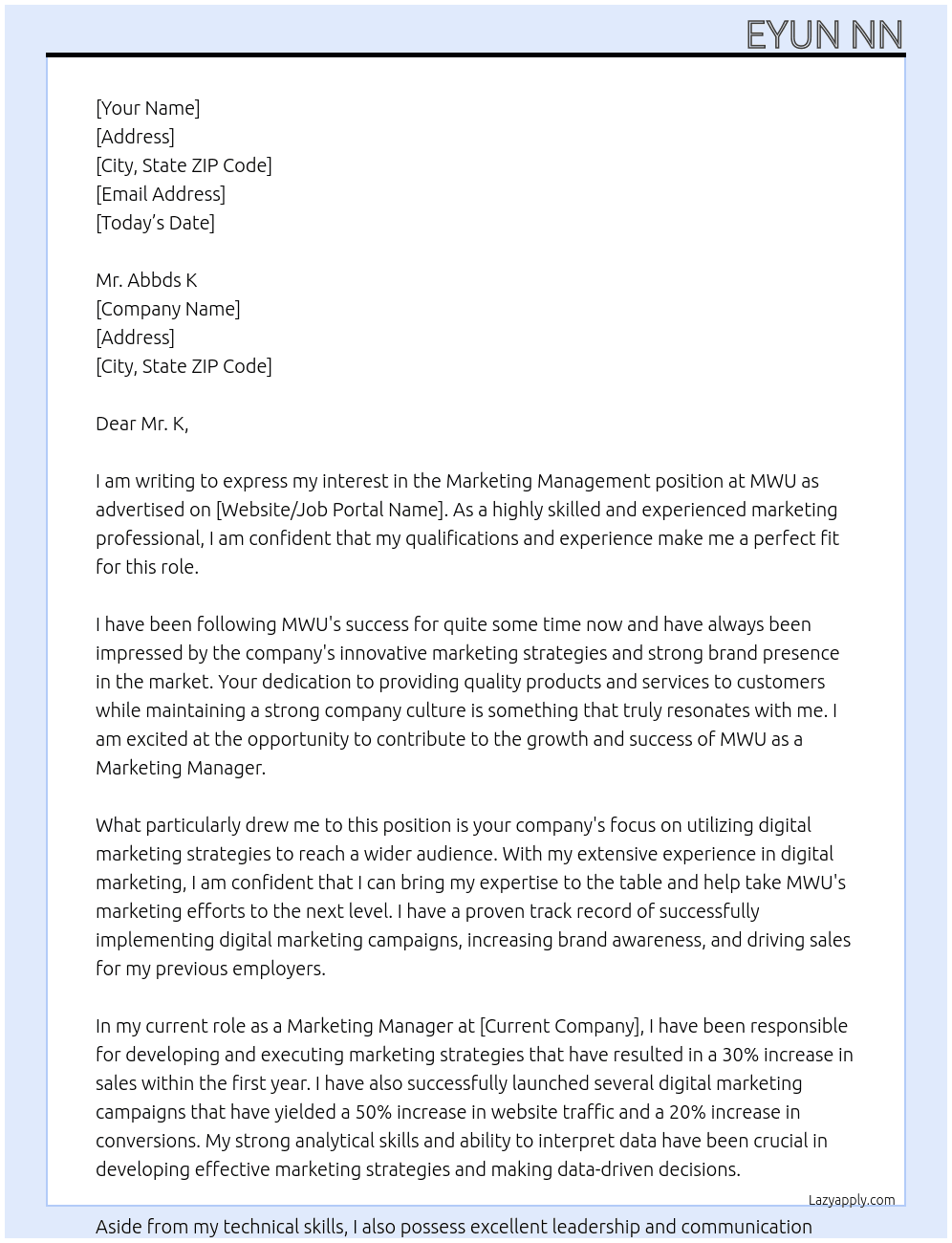 Marketing Management  At MWU Cover Letter