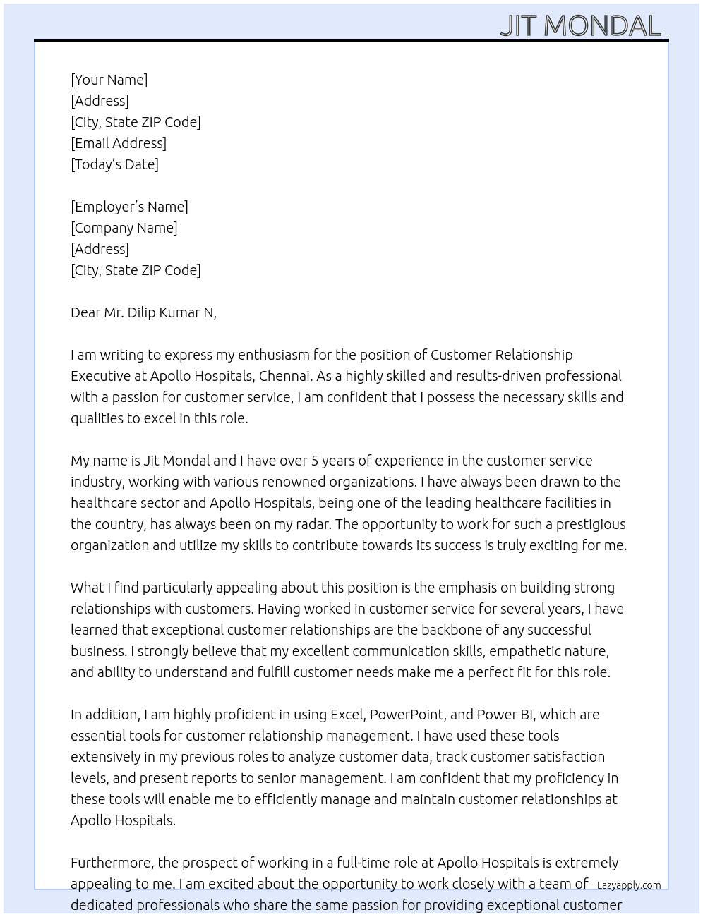 CUSTOMER RELATIONSHIP EXECUTIVE  At Apollo hospitals, Chennai  Cover Letter