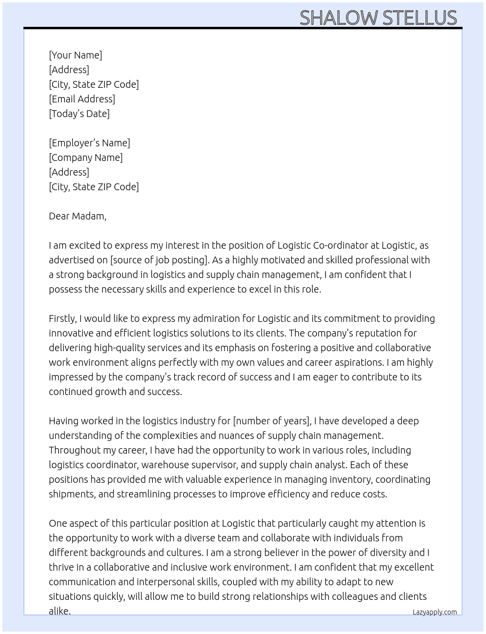 Logistic co-ordinator  At Logistic  Cover Letter