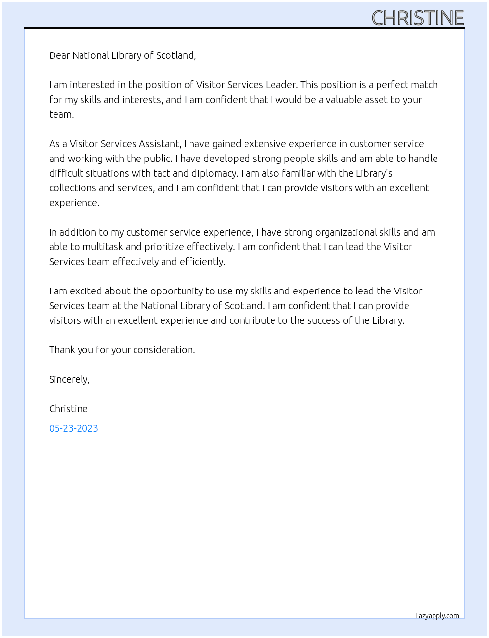 visitor srvices assistant  At National Library of Scotland Cover Letter