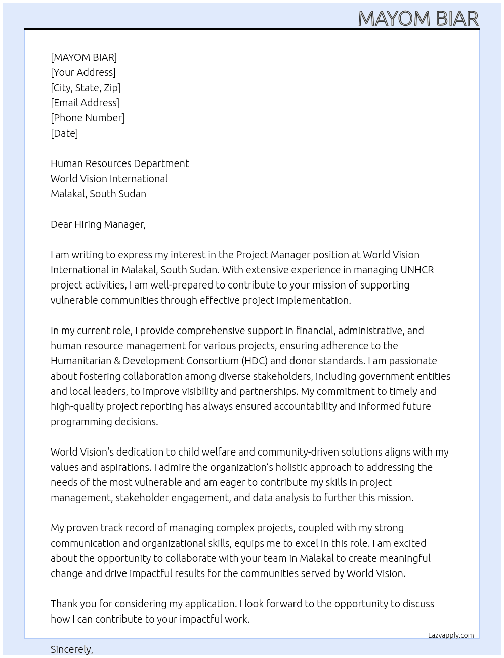 Project Manager At World Vision International Cover Letter