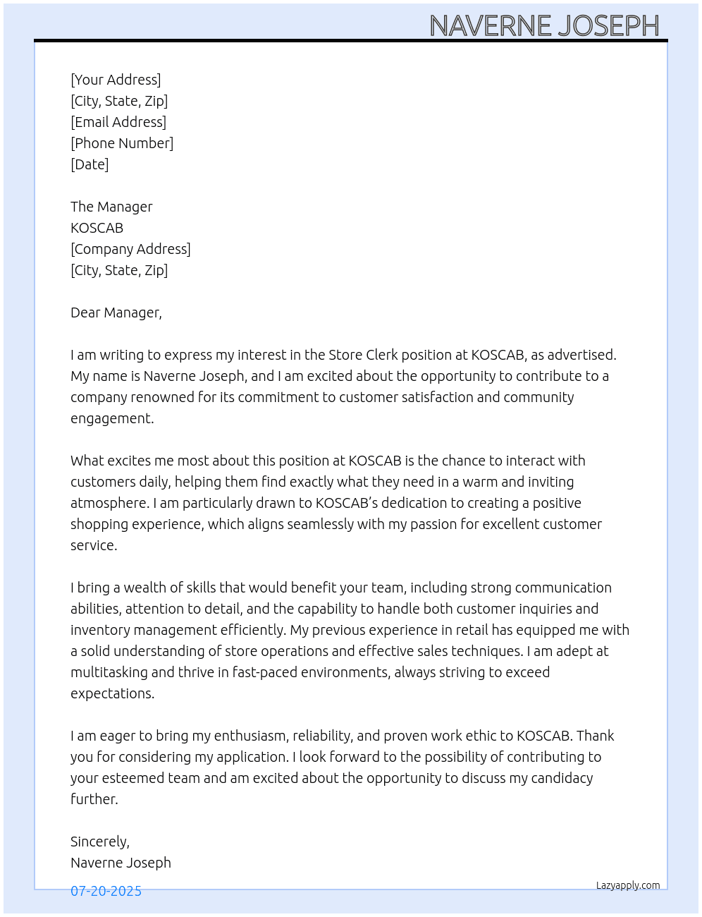 Store clerk  At KOSCAB Cover Letter