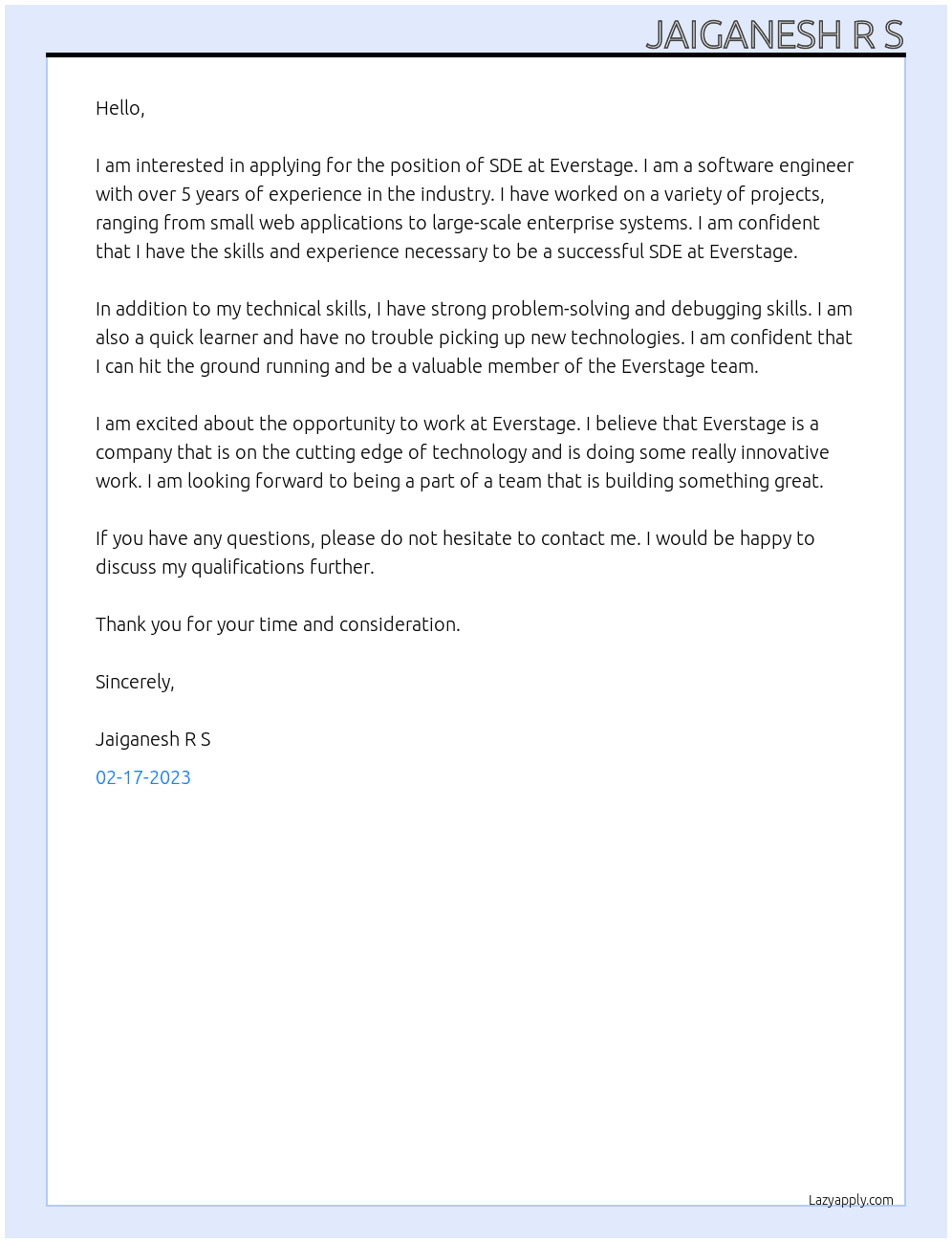 sde At everstage Cover Letter