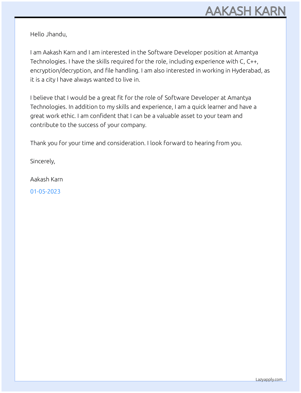 Software Developer  At Amantya Technologies  Cover Letter