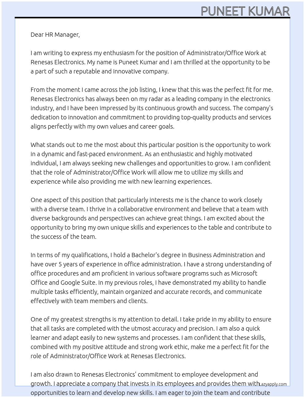 ADMINISTRATOR,OFFICE WORK At Renesas Electronics Cover Letter