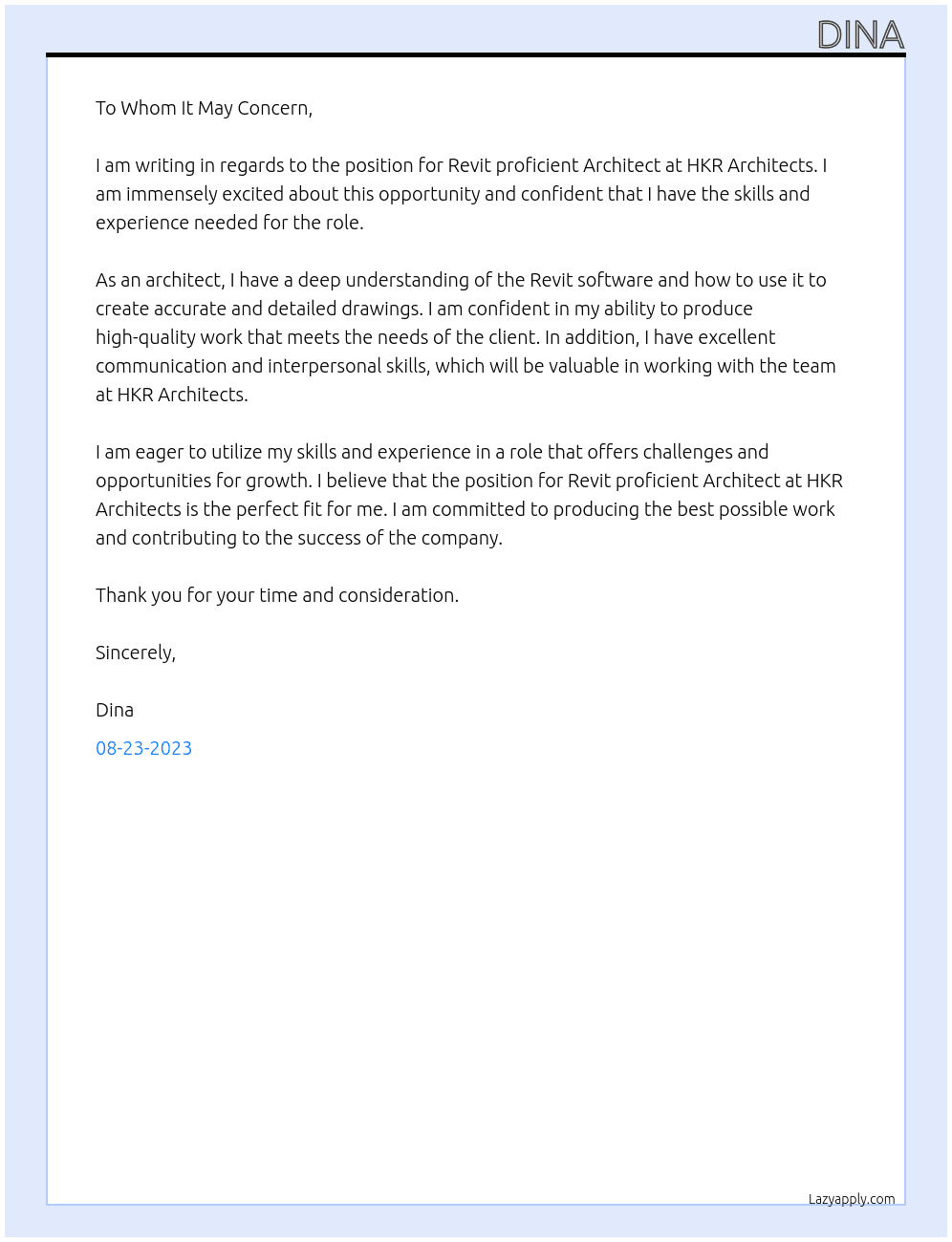 Revit proficient Architect At HKR Architects Cover Letter