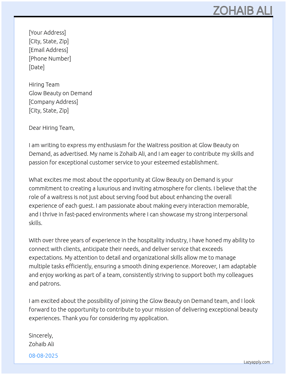 Waitress  At Glow beauty on demand  Cover Letter