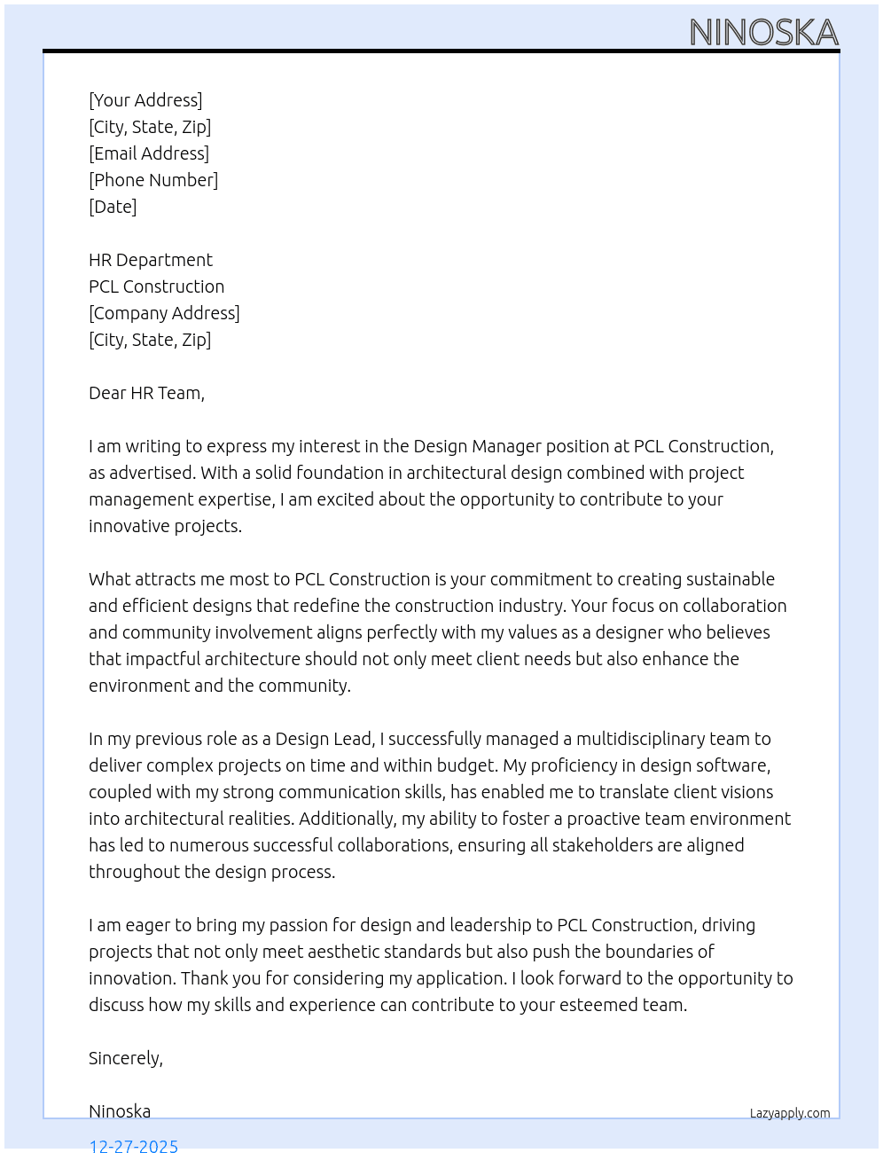 design manager At PCL Construction  Cover Letter