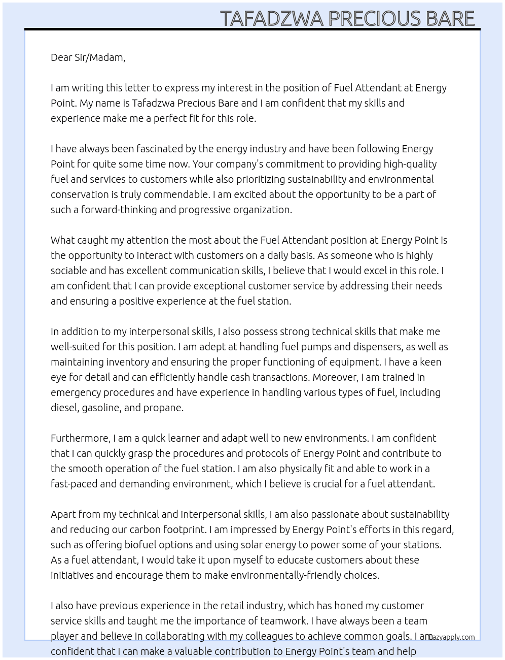 Fuel attendant  At Energy point Cover Letter