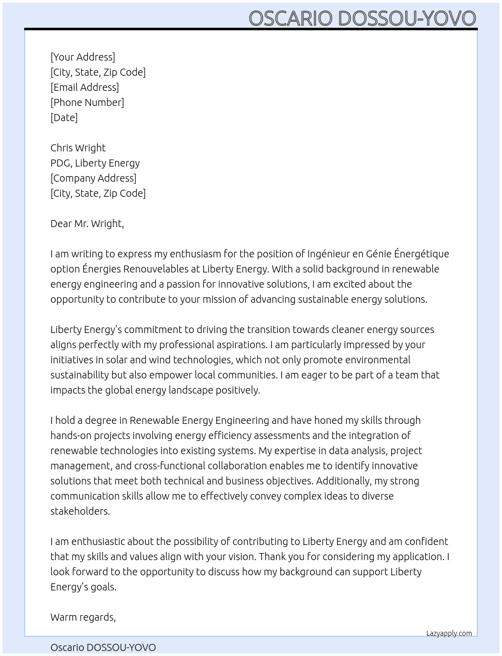 Cover letter for ingénieur en génie énergétique option énergies renouvelables - LazyApply