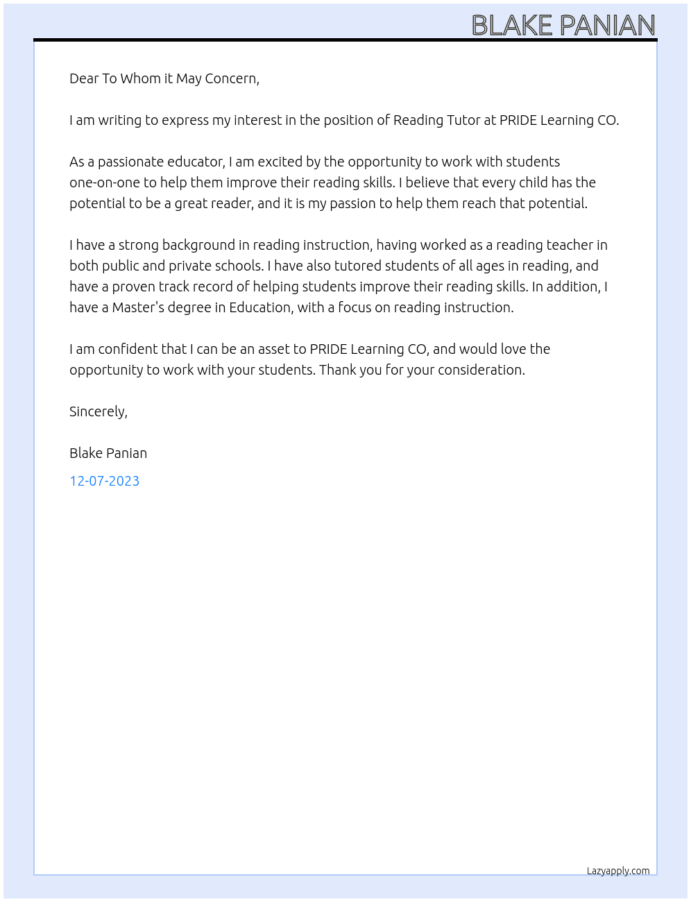 Reading Tutor At PRIDE Learning CO Cover Letter
