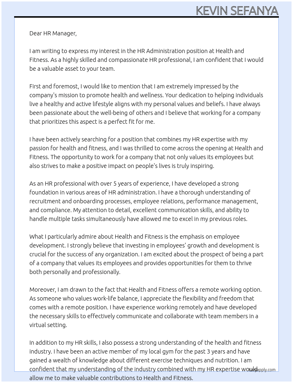 HR Administration At Health and Fitness Cover Letter