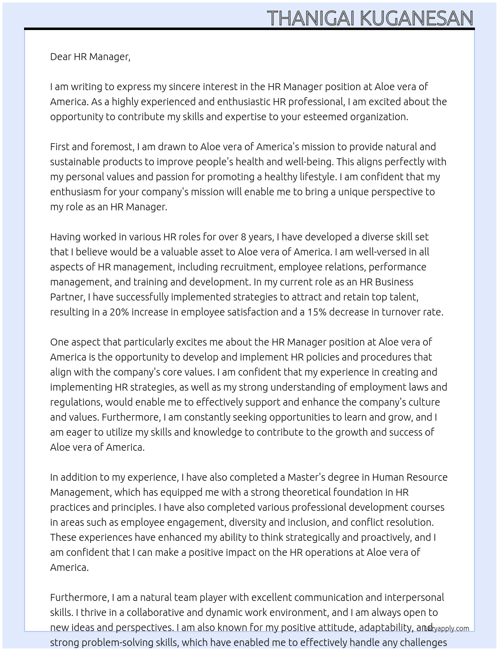 HR manager At Aloe vera of America Cover Letter