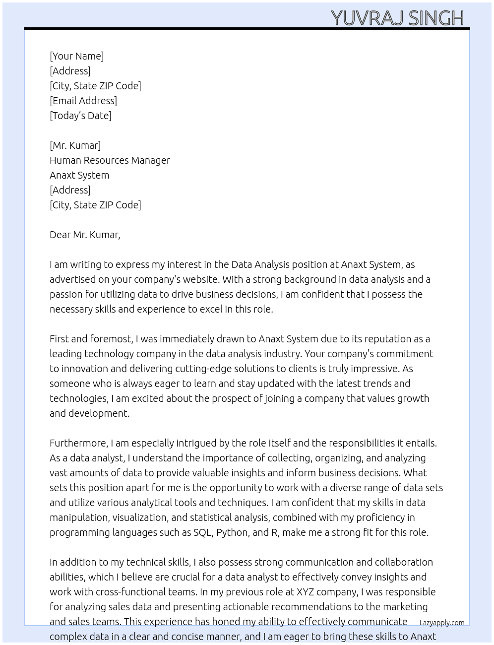 Data analysis  At Anaxt system  Cover Letter
