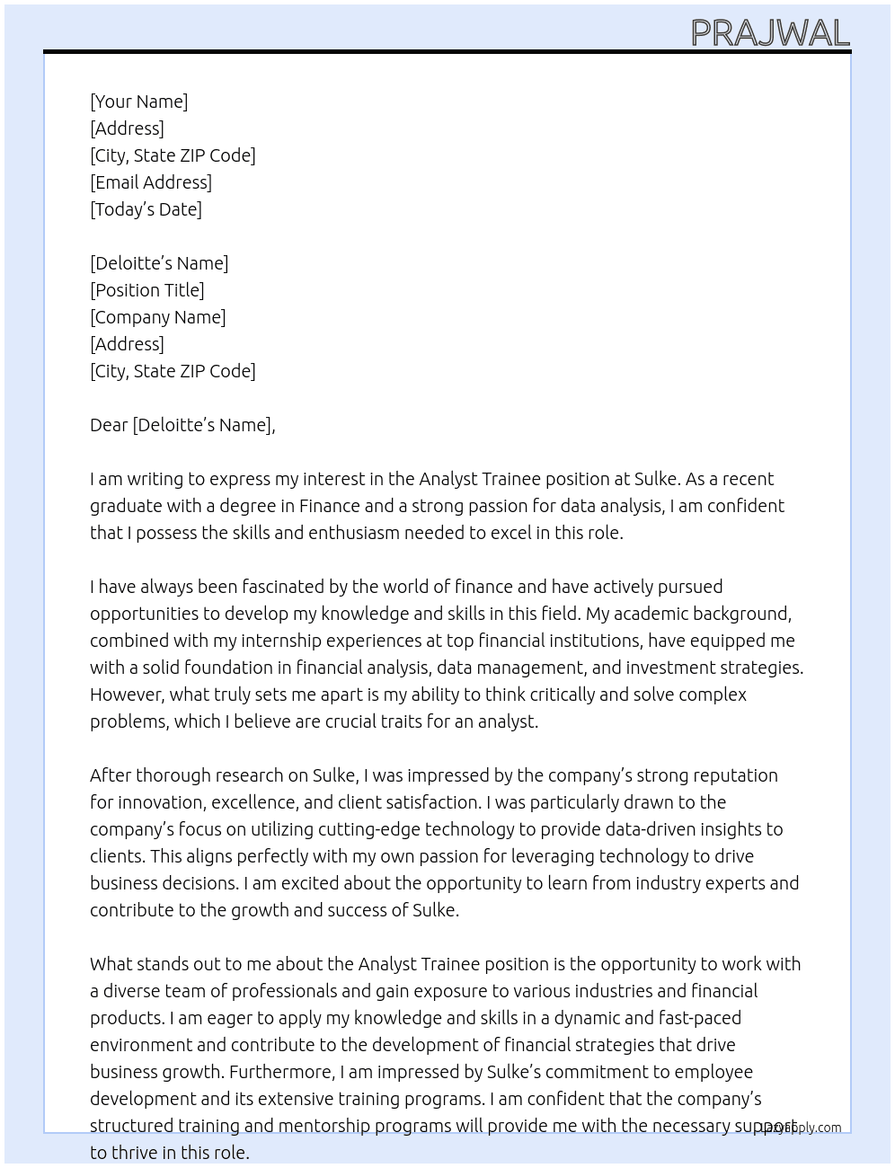 analyst trainee At sulke Cover Letter