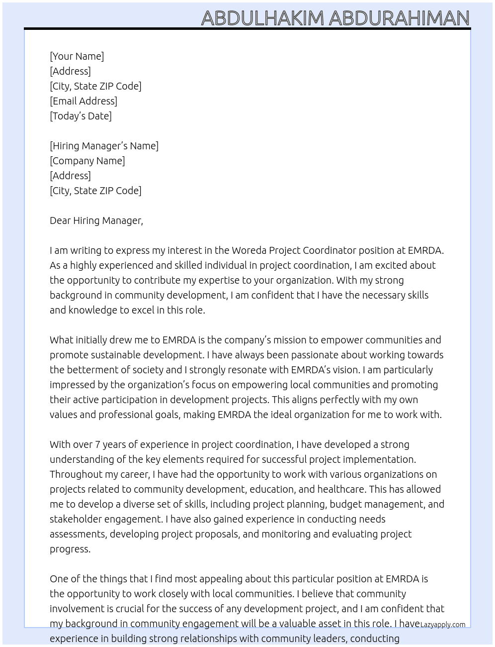 Woreda Project Coordinator  At EMRDA Cover Letter