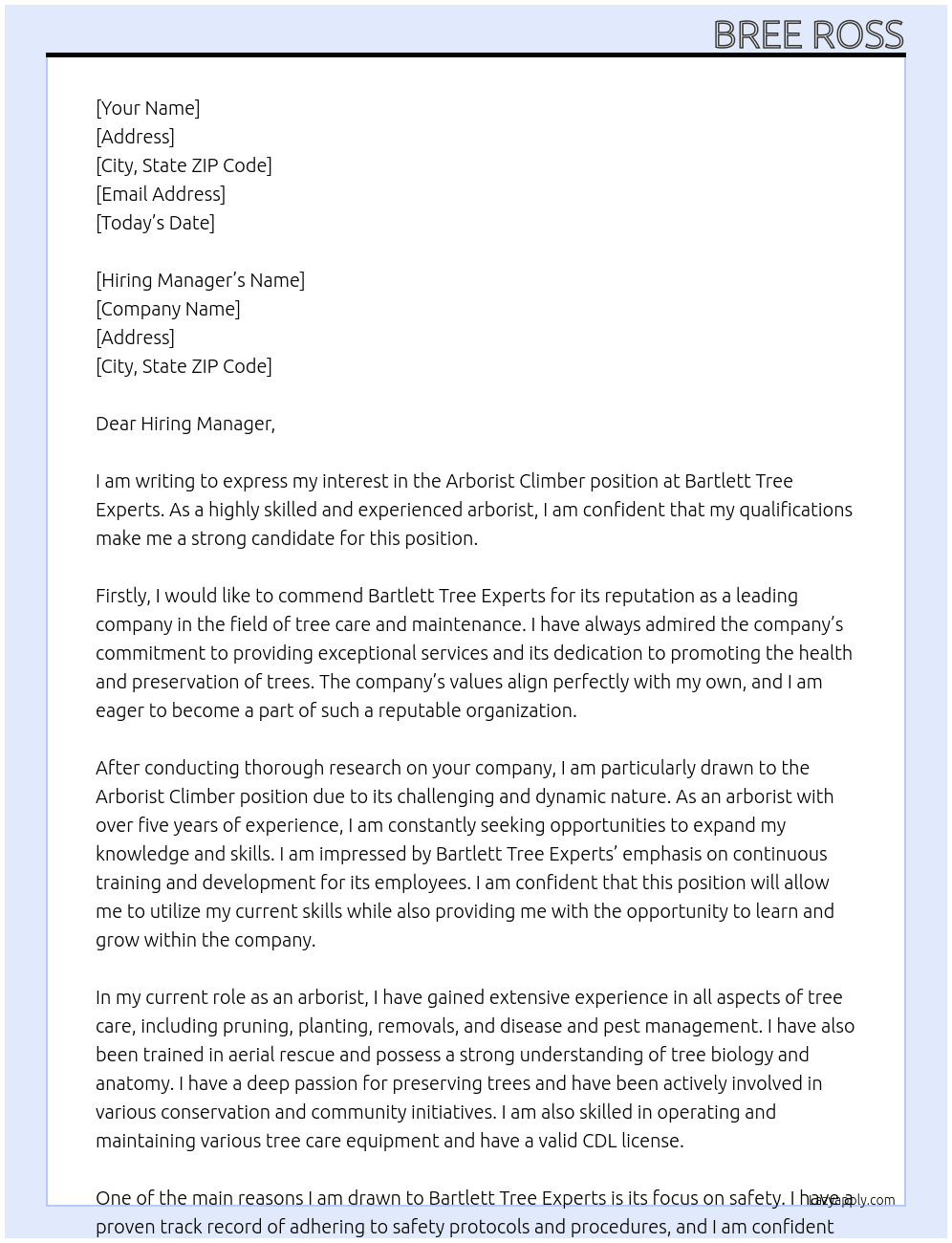 Arborist Climber At Bartlett Tree Experts Cover Letter