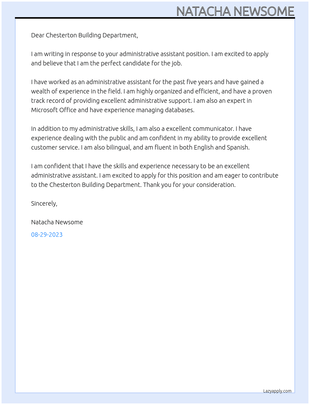 administrative assistant At Chesterton Building Department Cover Letter