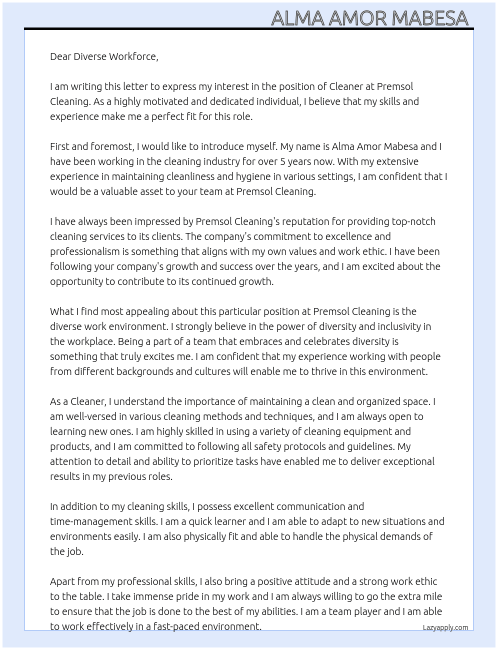 Cleaner At Premsol Cleaning  Cover Letter