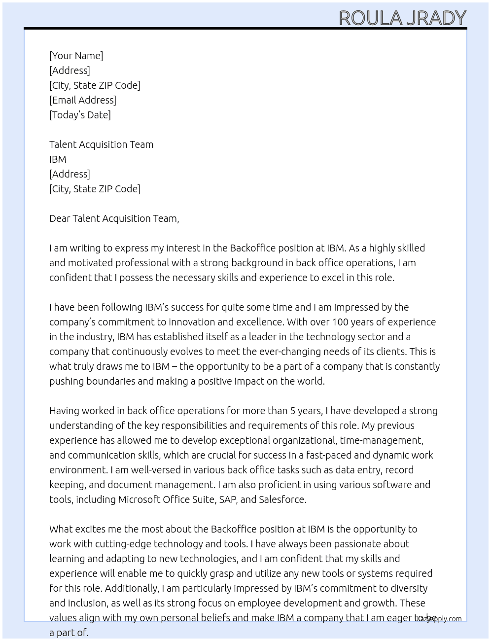 BACKOFFICE At IBM Cover Letter