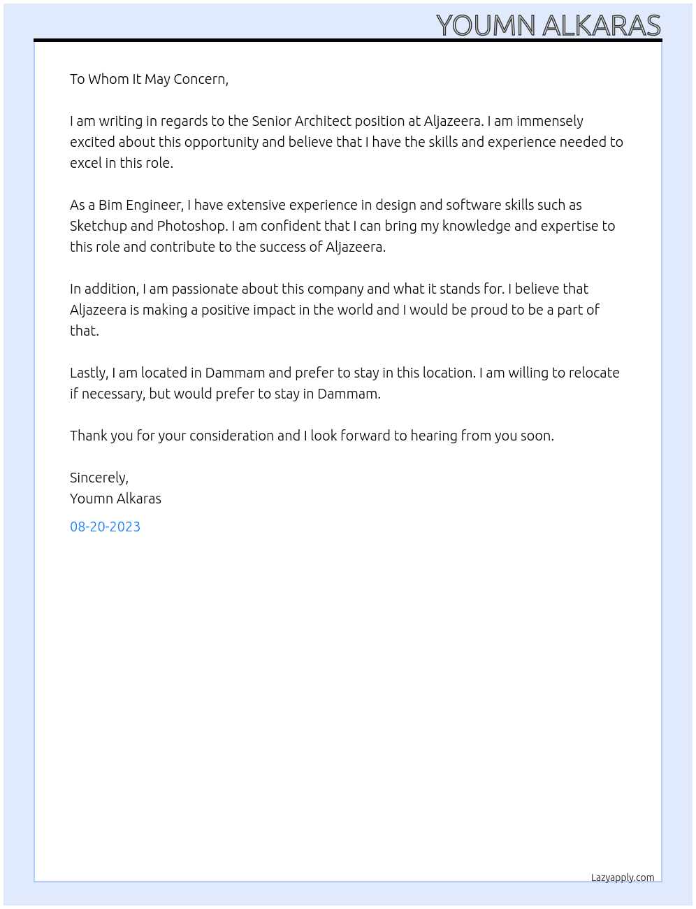 Senior Architect At aljazeera Cover Letter