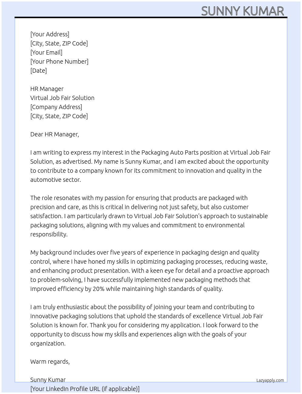Cover letter for packaging auto parts - LazyApply