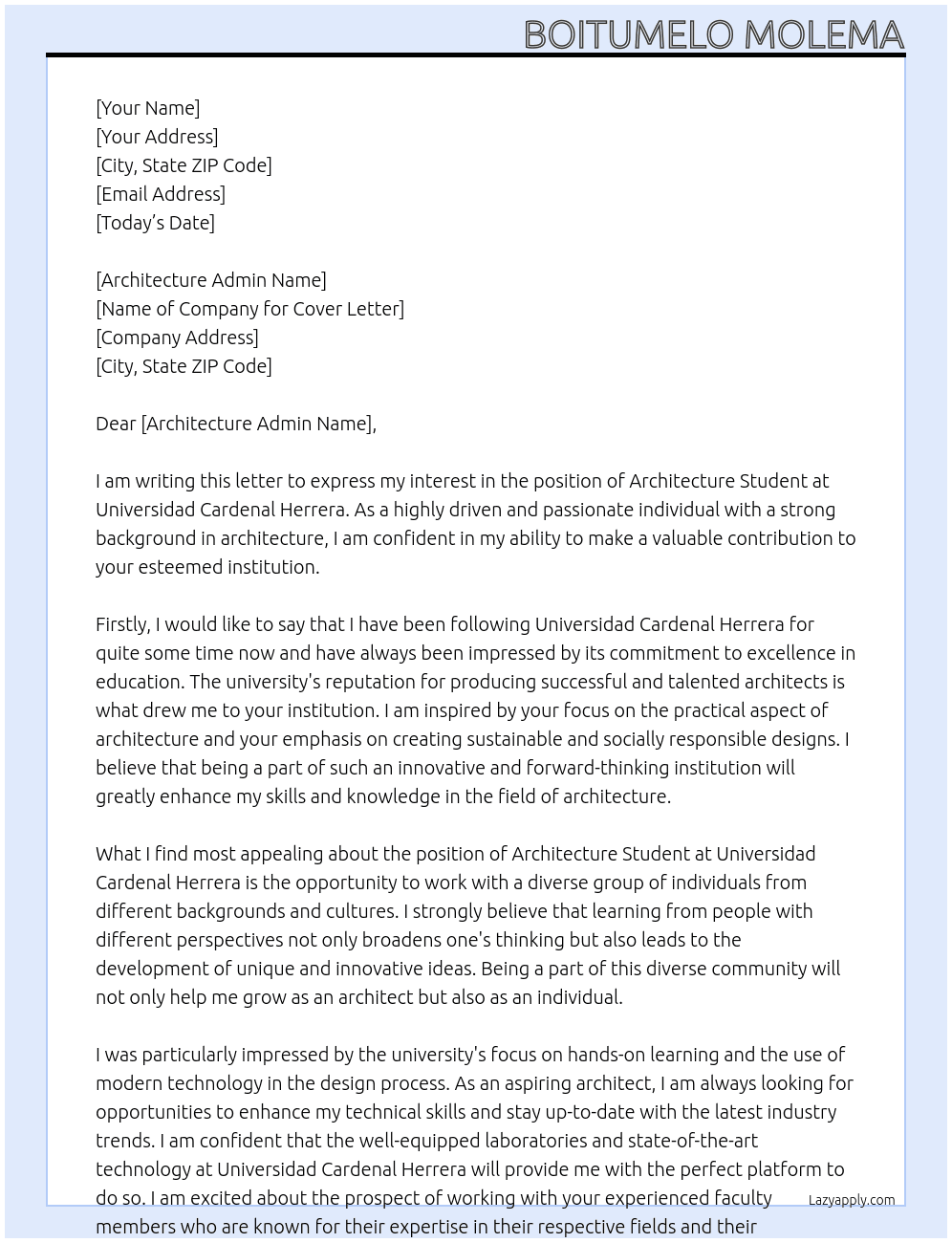 Architecture student At Universidad Cardenal Herrera Cover Letter