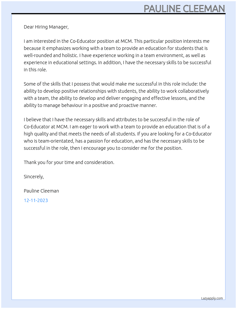 Co-Educator At MCM Cover Letter