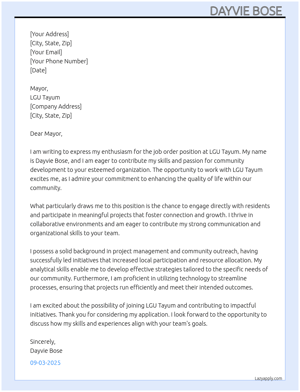 Job order At LGU tayum Cover Letter