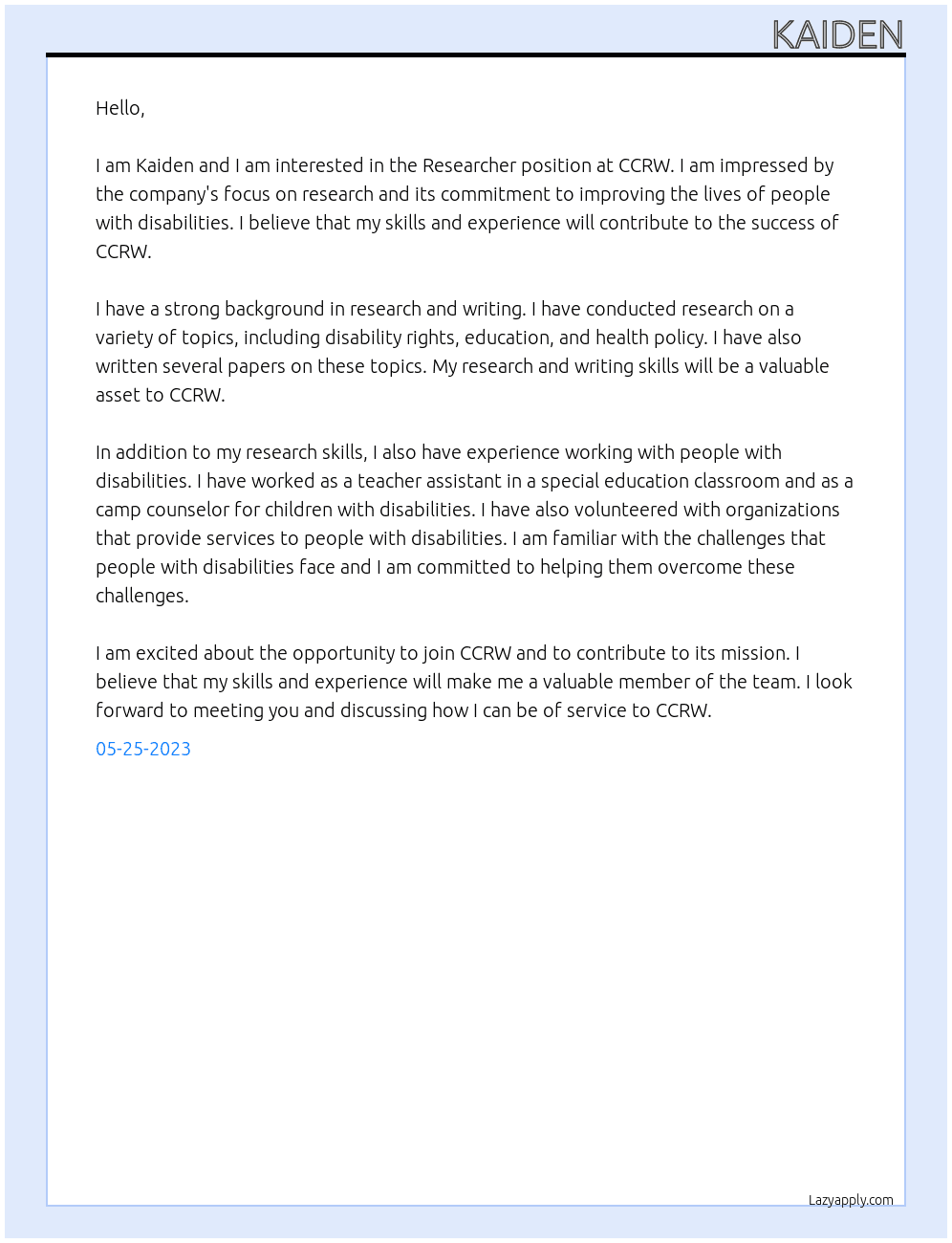 Researcher At CCRW Cover Letter