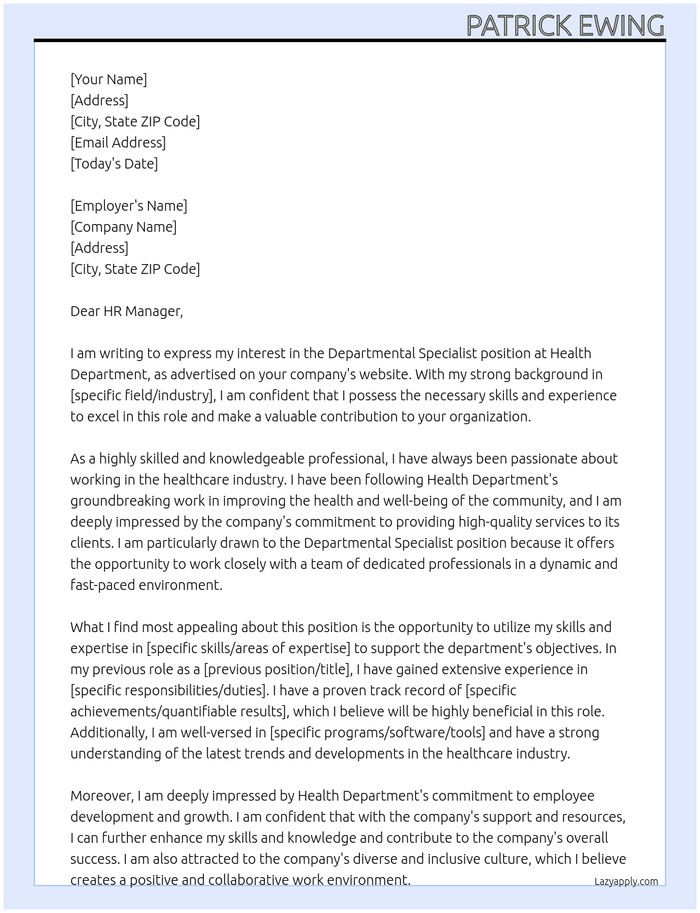 departmental specialist At health department Cover Letter
