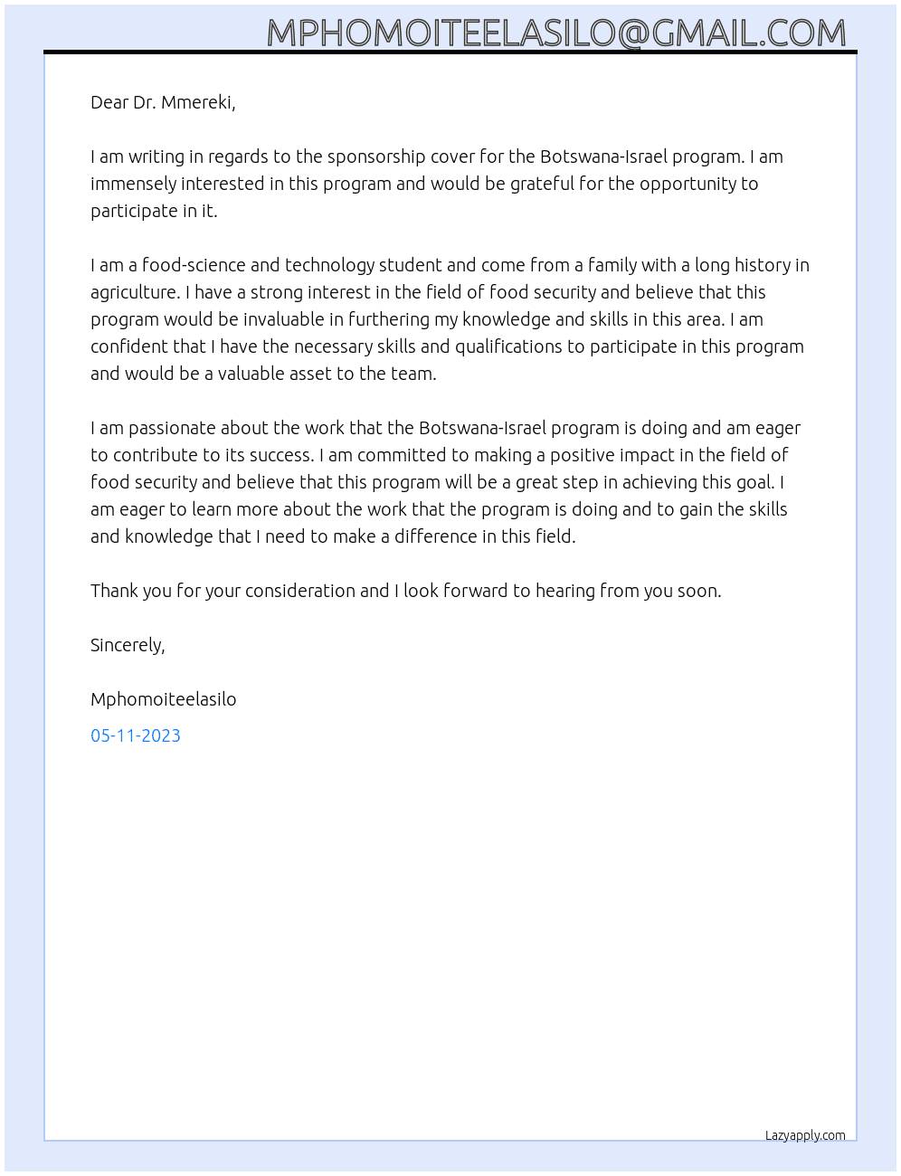 Sponsorship cover At Botswana-Israel program  Cover Letter