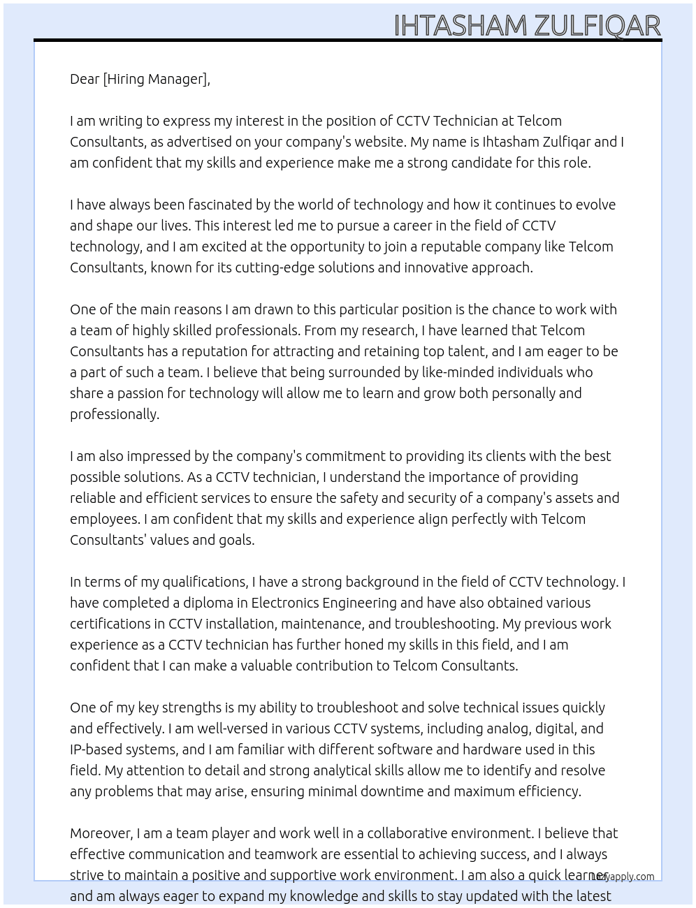 Cctv technician  At Telcom consultants  Cover Letter