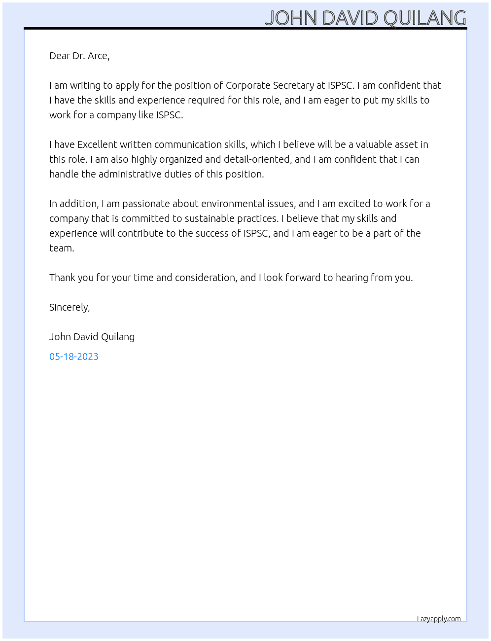 Corporate Secretary At ISPSC Cover Letter