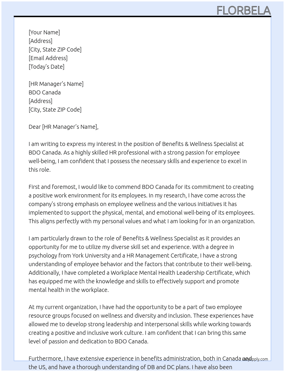 Benefits & Wellness Specialist At BDO Canada Cover Letter
