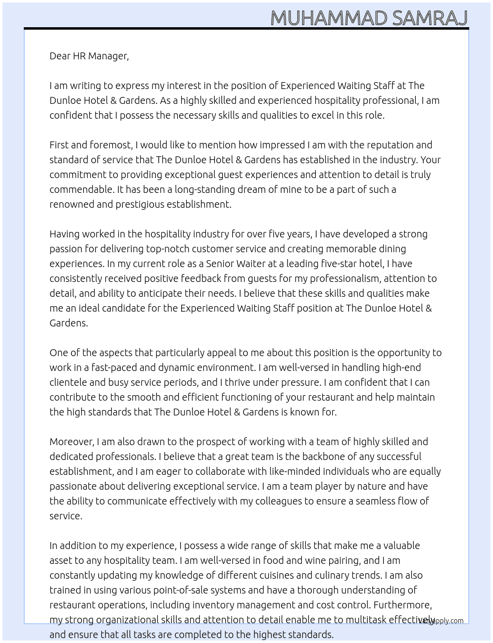 Experienced Waiting Staff At The Dunloe Hotel & Gardens  Cover Letter