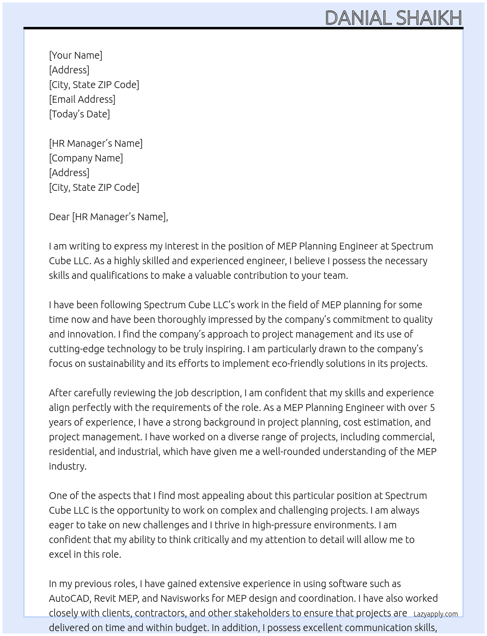 MEP Planning Engineer At Spectrum Cube LLC Cover Letter