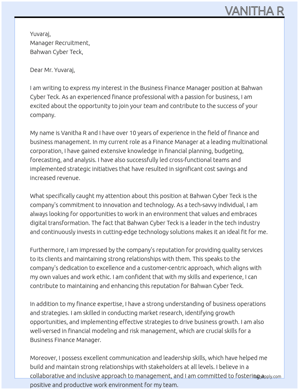 Business Finance Manager At bahwan cyber teck Cover Letter