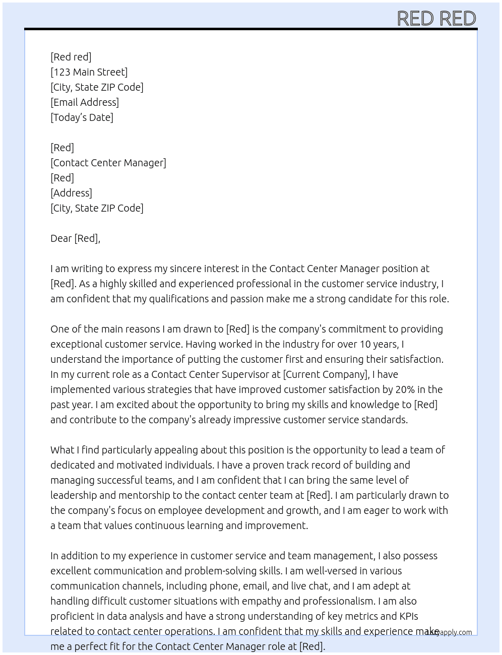 Contact Center Manager At red Cover Letter