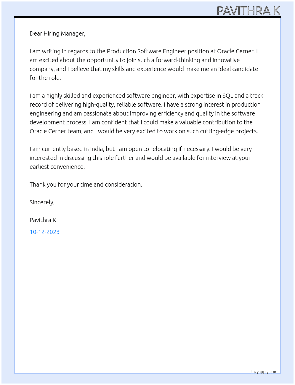  Production Software Engineer At Oracle Cerner Cover Letter