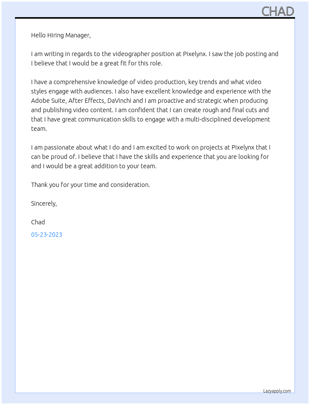 Videographer  At Pixelynx Cover Letter