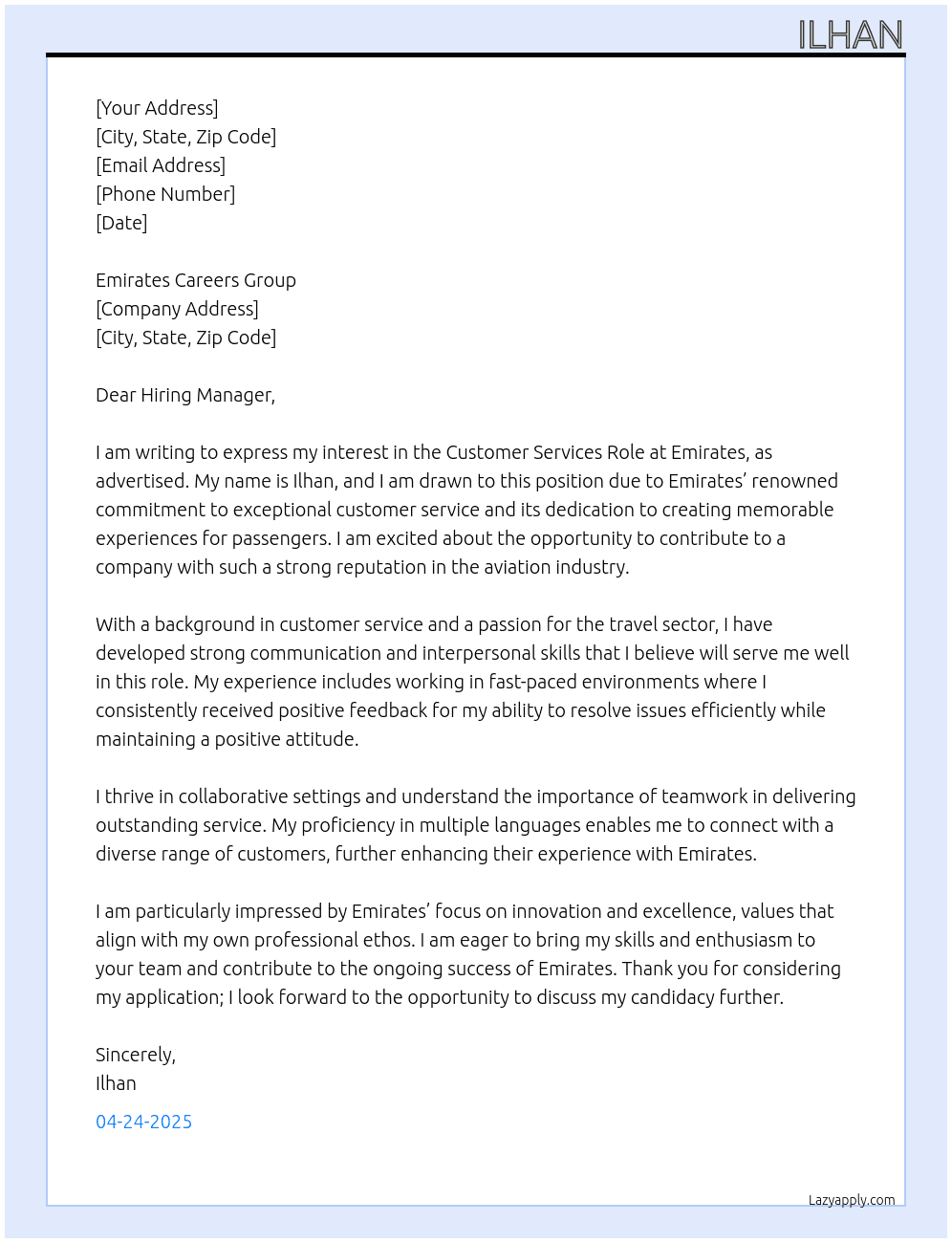 Customer Services Role At Emirates  Cover Letter