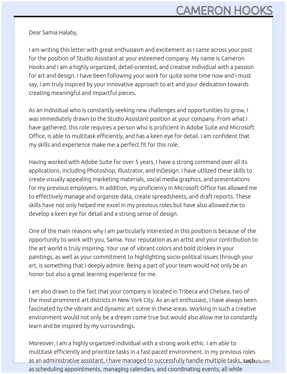Studio Assistant At Samia Halaby Cover Letter