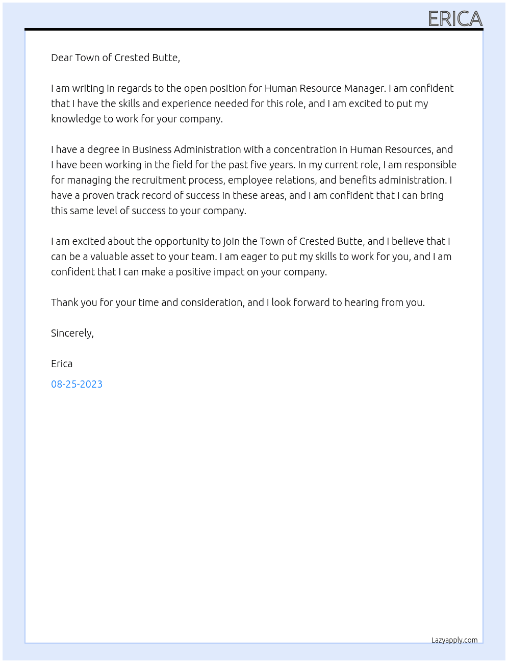 Human Resource Manager At Town of Crested Butte Cover Letter