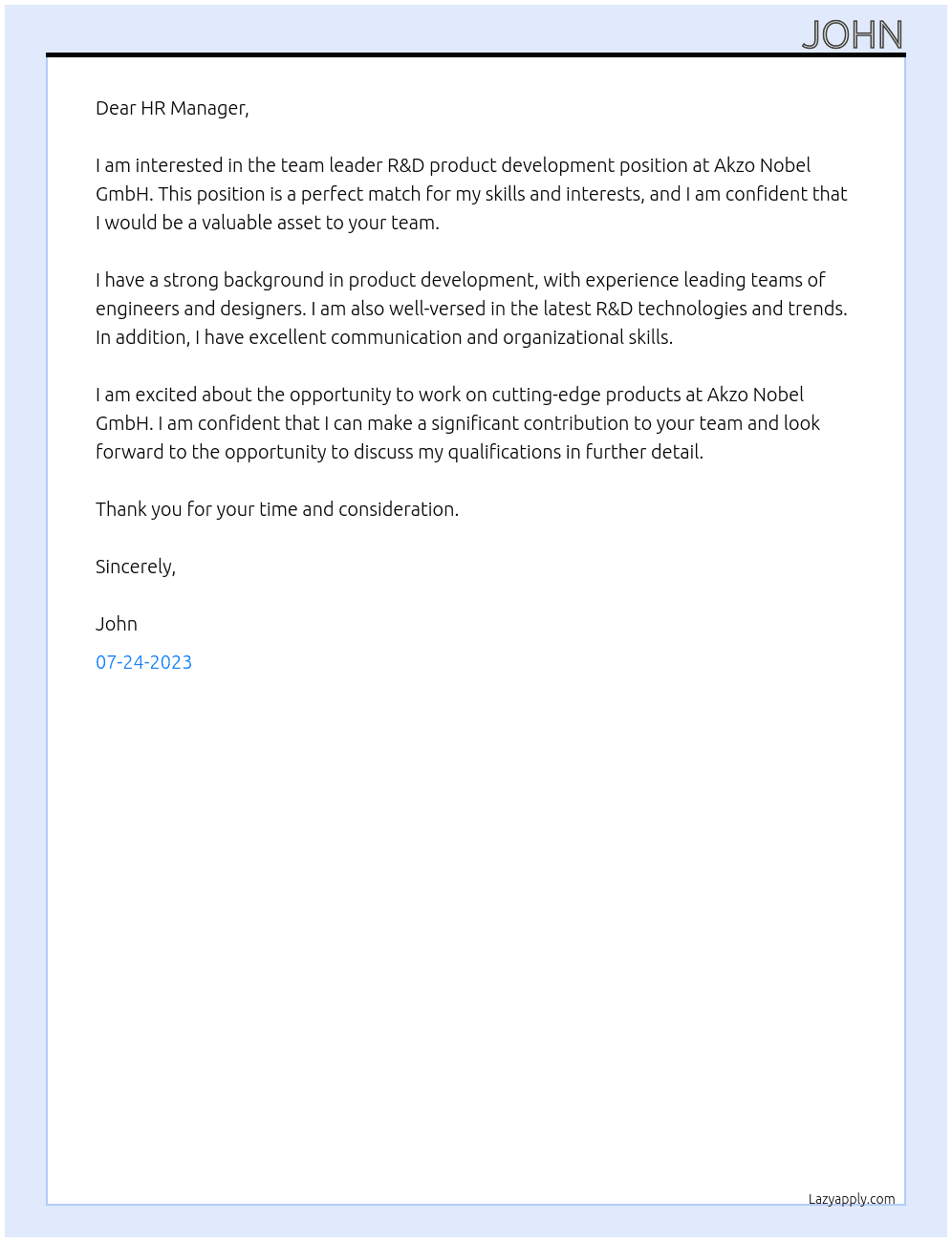 team leader R&D product development At Akzo Nobel GmbH Cover Letter