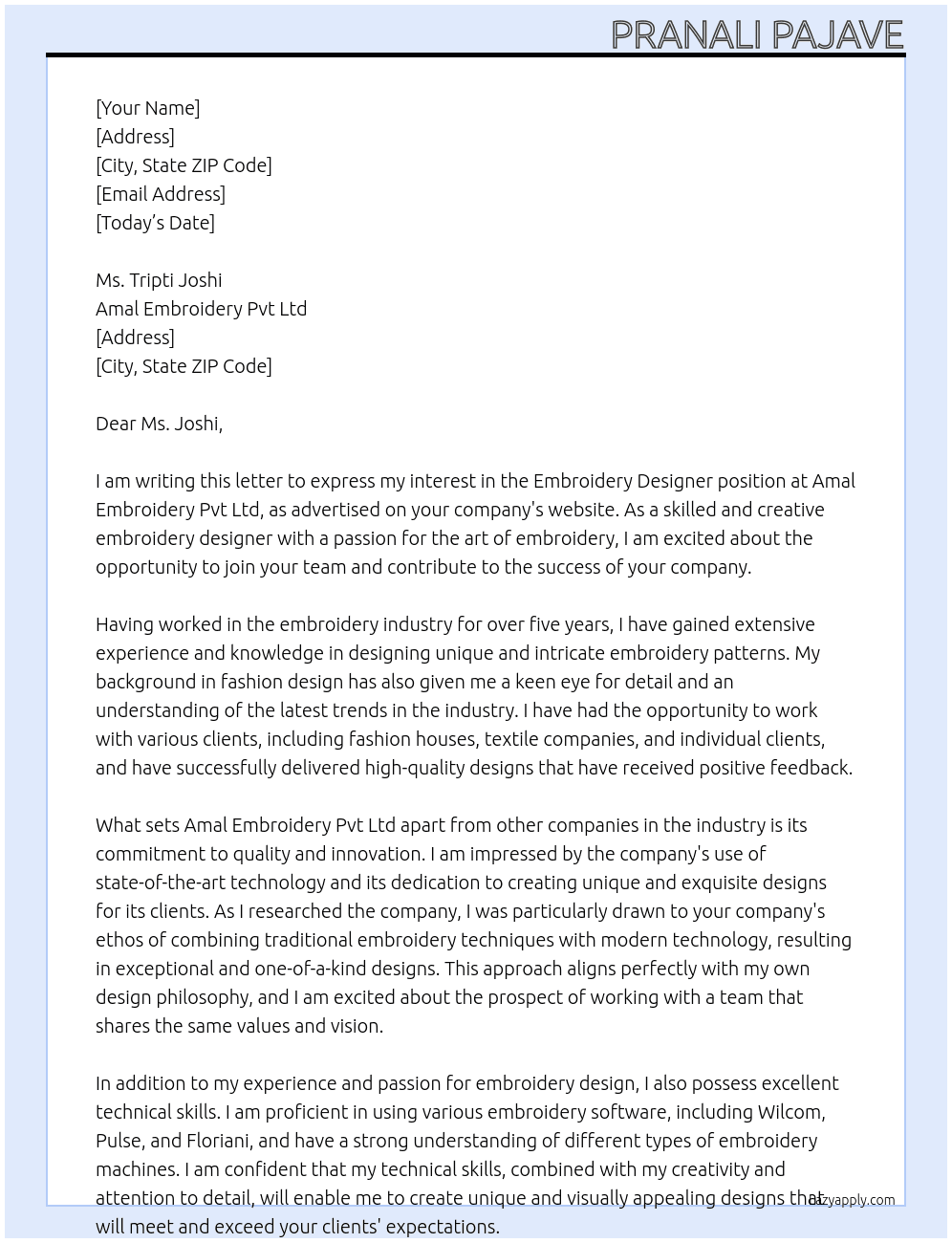 Embroidery Designer At Amal Embroidery Pvt Ltd Cover Letter