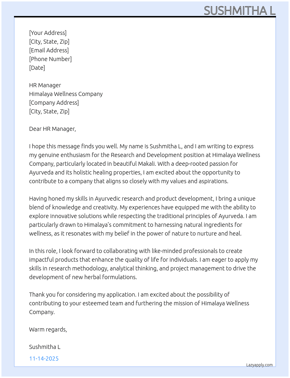 Research and Development At Himalaya Wellness Company Cover Letter